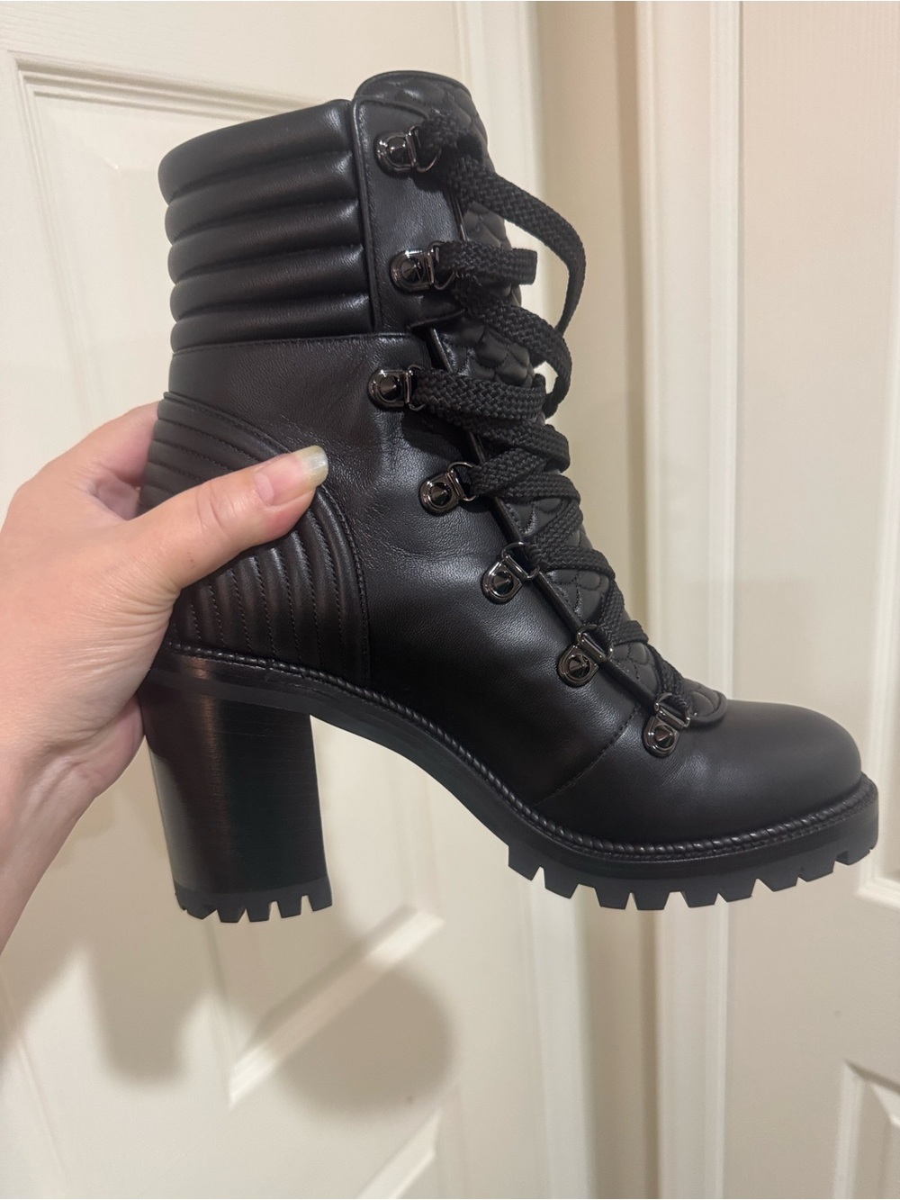 Christian Louboutin Black Leather Lace-Up Block Heel Boots